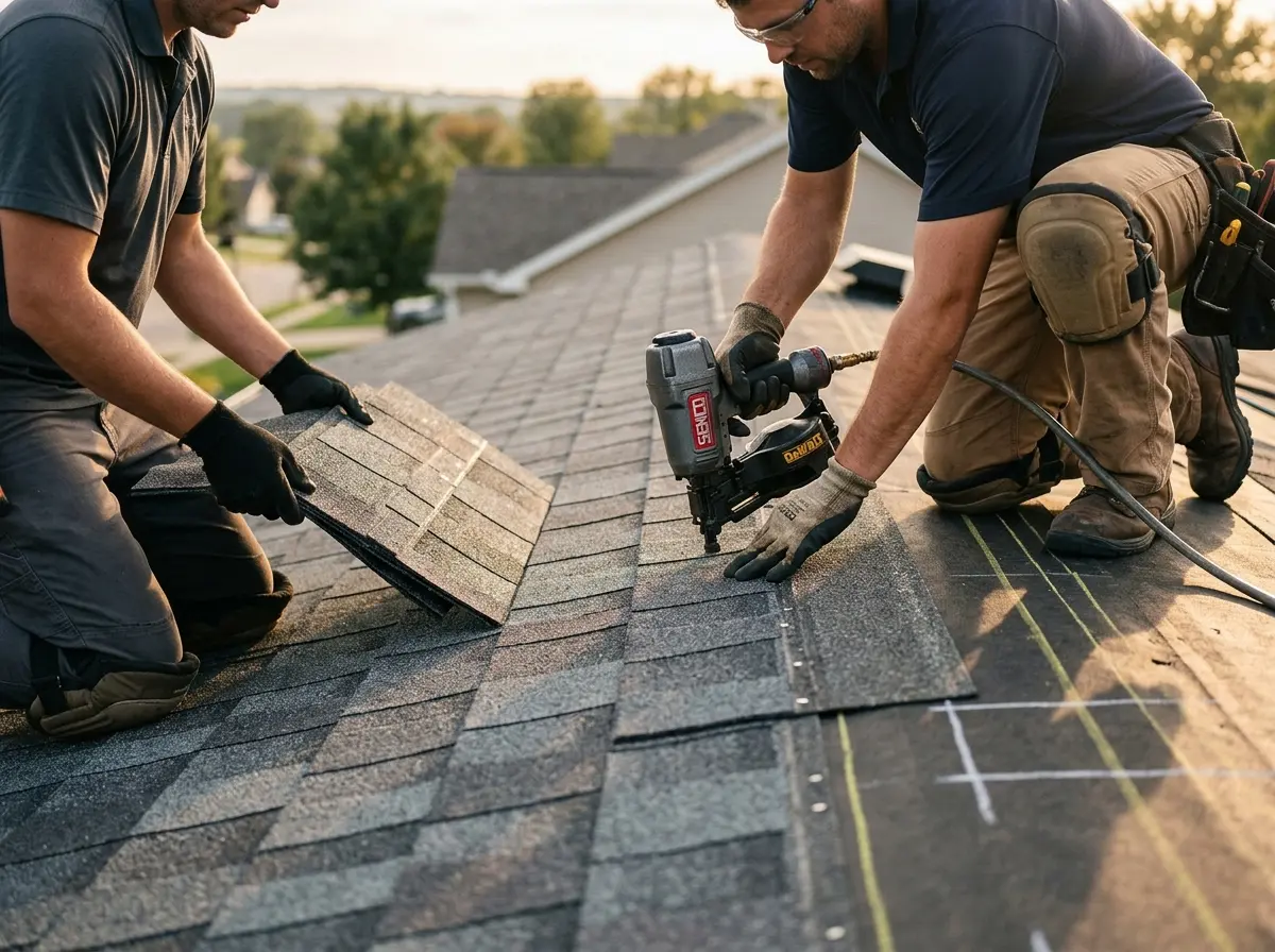Professional roofer working on a residential roof in East Wenatchee